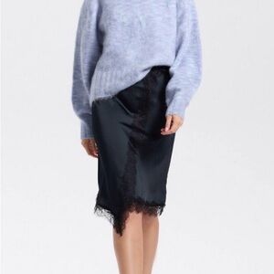 A New Day Black Satin Asymmetrical Split Lace Trim A-Line Skirt - L